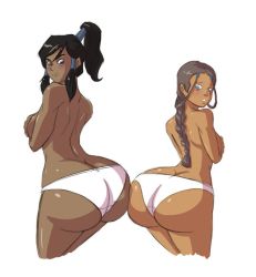 Rule 34 | 2girls, ass, ass-to-ass, avatar: the last airbender, avatar legends, back, black hair, blue eyes, blush, braid, breasts, brown hair, butt crack, covering privates, covering breasts, cropped legs, dark-skinned female, dark skin, female focus, hair ornament, hair tubes, high ponytail, huge ass, katara, korra, large breasts, long hair, looking back, multiple girls, open mouth, panties, ponytail, shiny skin, sidelocks, simple background, single braid, the legend of korra, topless, underwear, underwear only, white panties