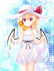 Rule 34 | 1girl, alternate costume, alternate headwear, bare arms, bare shoulders, blonde hair, blue background, blush, bottle, bottle to cheek, checkered background, clothes lift, collarbone, contemporary, dress, dress lift, flandre scarlet, hat, hat ribbon, highres, juice, lifting own clothes, looking at viewer, pointy ears, red eyes, reimei (r758120518), ribbon, short dress, short hair, side ponytail, skirt, skirt lift, smile, solo, sun hat, sundress, touhou, white dress, wings