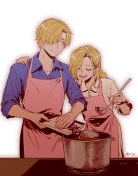 Rule 34 | 1boy, 1girl, apron, arm around shoulder, artist name, blonde hair, blue eyes, blue shirt, blush, closed eyes, closed mouth, collared shirt, cooking, cooking pot, counter, curly eyebrows, eyelashes, food, frilled sleeves, frills, hair over one eye, hand on another&#039;s shoulder, highres, holding, holding ladle, holding tray, ladle, long hair, looking at another, looking to the side, mother and son, mrs.custard, one-armed hug, one eye covered, one piece, open mouth, parted bangs, pink apron, sanji (one piece), shirt, short hair, simple background, sleeves rolled up, smile, standing, stove, teeth, tray, upper teeth only, vinsmoke sora, white background, white shirt, wing collar