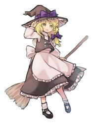 Rule 34 | 1girl, :d, apron, black footwear, black hat, black skirt, black vest, blonde hair, blouse, blue bow, blush, bow, braid, broom, commentary request, frilled skirt, frills, full body, hair ribbon, hand on headwear, hat, hat bow, kirisame marisa, long sleeves, looking at viewer, open mouth, ribbon, sasa kichi, shirt, shoes, short hair, simple background, single braid, skirt, smile, socks, solo, standing, standing on one leg, touhou, tress ribbon, vest, waist apron, white background, white shirt, white socks, witch hat, yellow eyes