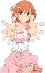 Rule 34 | 1girl, absurdres, bloomers, blush, brown eyes, brown hair, collarbone, frills, highres, looking at viewer, misaka mikoto, official art, outstretched arms, short hair, simple background, solo, spread fingers, tareme, toaru kagaku no railgun, toaru majutsu no index, underwear, upskirt, white background