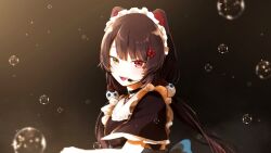 Rule 34 | 1girl, animal ears, black choker, black dress, black hair, blue bow, blurry, blush, bow, bubble, choker, depth of field, dog ears, dog girl, dress, fangs, fangs out, flower, from side, hair flower, hair ornament, heterochromia, inui toko, long hair, looking at viewer, low twintails, maid, maid headdress, microphone, nijisanji, red eyes, red flower, rinderon0722, sidelocks, swept bangs, twintails, virtual youtuber, wa maid, yellow eyes