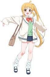 Rule 34 | 1girl, :d, ahoge, atsumi tomoya, bag, black footwear, black skirt, blonde hair, blush, bocchi the rock!, bow, bowtie, cardigan, collared shirt, commentary request, full body, green sweater vest, highres, ijichi nijika, jacket, long hair, loose socks, mary janes, open cardigan, open clothes, open mouth, pleated skirt, polka dot bowtie, red bow, red bowtie, school uniform, shimokitazawa high school uniform, shirt, shoes, side ponytail, simple background, skirt, sleeves past wrists, smile, socks, solo, standing, sweater vest, tongue, white background, white jacket, white shirt, white socks