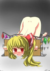 Rule 34 | 1girl, bdsm, blonde hair, blush, bondage, bound, flandre scarlet, gaoo (frpjx283), highres, nude, open mouth, pillory, red eyes, restrained, side ponytail, solo, stationary restraints, tears, top-down bottom-up, touhou, wings