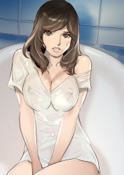 Rule 34 | 1girl, bathtub, breasts, brown eyes, brown hair, checkered wall, cleavage, covered navel, dytm, covered erect nipples, highres, large breasts, lips, long hair, looking at viewer, navel, nipples, off shoulder, original, parted lips, see-through, shirt, solo, tile wall, tiles, wet, wet clothes, wet shirt, white shirt