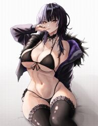 Rule 34 | 1girl, absurdres, bikini, biting, black bikini, black hair, black jacket, black nails, black thighhighs, breasts, cleavage, commentary, english commentary, front-tie top, fur-trimmed jacket, fur trim, grey hair, highleg, highleg bikini, highres, hololive, hololive english, jacket, large breasts, long hair, looking at viewer, lordmagnuss, multicolored hair, nail biting, navel, open clothes, open jacket, shiori novella, side-tie bikini bottom, simple background, sitting, solo, spiked legwear, split-color hair, swimsuit, thighhighs, toned, virtual youtuber, yellow eyes