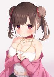 Rule 34 | 1girl, blush, breasts, brown hair, chain, chain necklace, cleavage, collarbone, double bun, hair bun, highres, idolmaster, idolmaster shiny colors, jewelry, large breasts, long sleeves, looking at viewer, navel, necklace, pout, red eyes, shiora draw draw, short twintails, simple background, solo, sonoda chiyoko, twintails, upper body, white background