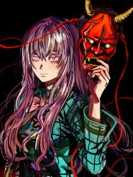Rule 34 | 1girl, black background, blue shirt, closed mouth, hata no kokoro, highres, holding, holding mask, kuya (hey36253625), long sleeves, looking at viewer, mask, noh mask, oni mask, pink eyes, pink hair, serious, shirt, sketch, solo, straight hair, touhou