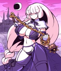 Rule 34 | 1girl, black panties, blonde hair, blue eyes, bombergirl, breasts, castle, castlevania (series), cleavage, cloud, cowboy shot, dot nose, elbow gloves, garter straps, gloves, half-closed eyes, holding, holding weapon, huge breasts, konami, long hair, looking at viewer, mace, moon, navel, night, panties, paul gq, pink sky, see-through, sepia belmont, shiny clothes, shiny skin, sky, smile, solo, solo focus, standing, thick thighs, thighs, underwear, very long hair, water, weapon, whip, white gloves