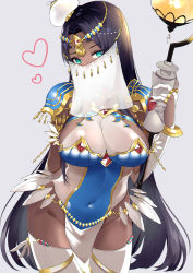 Rule 34 | 1girl, absurdres, arabian clothes, arm at side, arm behind back, armlet, armor, black hair, bracelet, breasts, bridal gauntlets, circlet, cleavage, covered mouth, covered navel, cowboy shot, curvy, dark-skinned female, dark skin, dress, fate/grand order, fate (series), forehead jewel, gold, green eyes, groin, hand up, heart, highres, hip focus, holding, holding staff, huashengjiang, impossible clothes, impossible dress, jewelry, large breasts, long hair, looking at viewer, mouth veil, necklace, parted bangs, pauldrons, pelvic curtain, revealing clothes, scheherazade (fate), scroll, shoulder armor, shoulder pads, skin tight, solo, staff, standing, strapless, strapless dress, thick thighs, thighhighs, thighs, thumb ring, veil, white thighhighs