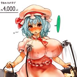 Rule 34 | 1girl, alternate breast size, before and after, blue hair, breasts, bucket, faucet, female focus, holding, huge breasts, lactation, lactation through clothes, looking at viewer, milk, milking machine, perky breasts, red eyes, remilia scarlet, sachito, solo, touhou, women livestock
