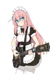 Rule 34 | 1girl, absurdres, alternate costume, arescr, artist name, blue eyes, bocchi the rock!, breasts, disgust, gotoh hitori, gradient skin, guitar, highres, instrument, light blush, looking at viewer, maid, maid headdress, medium breasts, pink hair, serious, thighhighs, white thighhighs