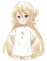 Rule 34 | &gt;:), 1girl, alternate costume, blonde hair, blue eyes, blush, charlotta (granblue fantasy), closed mouth, clothes writing, collarbone, cowboy shot, cropped legs, granblue fantasy, hands on own hips, harvin, long hair, meito (maze), pointy ears, shirt, short sleeves, simple background, smile, solo, translated, v-shaped eyebrows, very long hair, white background, white shirt
