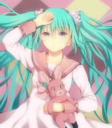 Rule 34 | 1girl, aryuma772, blue eyes, blue hair, dress, hair between eyes, hair ornament, hand on own head, hatsune miku, highres, long hair, long sleeves, lying, on back, parted lips, pink dress, pink sailor collar, sailor collar, sailor dress, solo, stuffed animal, stuffed toy, twintails, very long hair, vocaloid