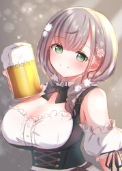 Rule 34 | 1girl, absurdres, alcohol, beer, beer mug, blush, braid, breasts, cleavage, closed mouth, commentary request, cup, detached sleeves, flower, german clothes, green eyes, hair flower, hair ornament, highres, hololive, i7min, large breasts, looking at viewer, mug, puffy short sleeves, puffy sleeves, shirogane noel, shirogane noel (dirndl), short sleeves, smile, twin braids, upper body, virtual youtuber