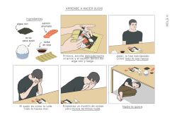 Rule 34 | 1boy, artist name, black hair, bowl, brown hair, comic, commentary, covering face, eyebrows, facepalm, failure, fetal position, fish, food, from above, head down, how to make sushi (meme), leaning forward, lying, makisu, makizushi, male focus, mamezara, meme, molg h, no eyebrows, nori (seaweed), on ground, on side, original, plate, profanity, reference work, rice, salmon, signature, solo, soy sauce, spanish text, sushi, table, text focus, thick eyebrows, translation request, upper body