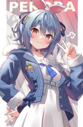 Rule 34 | 1girl, :3, puff of air, animal ears, belt, belt buckle, blue hair, blue jacket, blue neckerchief, blue ribbon, blush, breast pocket, buckle, carrot hair ornament, character name, closed mouth, collar, collarbone, commentary, denim, denim jacket, dodota, dress, earrings, fingernails, food-themed hair ornament, fur-trimmed jacket, fur trim, hair between eyes, hair ornament, hair ribbon, hairclip, hand on own hip, hand up, head tilt, hololive, jacket, jewelry, long sleeves, looking at viewer, multicolored hair, neckerchief, official alternate costume, open clothes, open jacket, orange eyes, pleated dress, pocket, rabbit-shaped pupils, rabbit earrings, rabbit ears, rabbit girl, ribbon, sailor collar, sailor dress, short eyebrows, short hair, sidelocks, smile, solo, standing, swept bangs, symbol-only commentary, symbol-shaped pupils, thick eyebrows, two-tone hair, unbuttoned, usada pekora, usada pekora (casual), v, virtual youtuber, white belt, white collar, white dress, white hair, white sailor collar