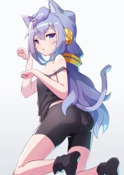 Rule 34 | 1boy, animal ear fluff, animal ears, arms up, ass, bike shorts, black footwear, black shorts, black tank top, blue eyes, blue hair, bulge, cat boy, cat ears, cat tail, clenched hands, from behind, grey background, hacka doll, hacka doll 3, highres, kneeling, long hair, looking at viewer, looking back, paw pose, ponytail, shishikai, shorts, simple background, socks, solo, strap slip, tail, tank top, thighs, trap, very long hair