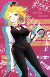 Rule 34 | 10s, 1girl, ayase eli, belt, blonde hair, blue eyes, bow, bowtie, cane, dress shirt, grin, hat, highres, instrument, long hair, looking at viewer, love live!, love live! school idol festival, love live! school idol project, mattari yufi, mini hat, mini top hat, musical note, one eye closed, shirt, smile, solo, top hat, trumpet, vest, wink