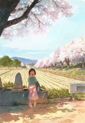 Rule 34 | 1girl, bento, blue sweater, blush, brown hair, cherry blossoms, closed eyes, cloud, collared shirt, commentary, day, eating, facing viewer, fjsmu, food, full body, guard rail, hands up, highres, long skirt, long sleeves, mountain, napkin, onigiri, original, outdoors, pink skirt, rice paddy, road, shirt, shoes, short hair, sitting, skirt, sneakers, socks, solo, spring (season), sunlight, sweater, thermos, tree, white footwear, white socks, wide shot
