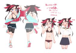 Rule 34 | 1girl, absurdres, bandaged leg, bandages, bare shoulders, bike shorts, bikini, black hair, blue eyes, blush, breasts, character profile, choker, closed eyes, commentary request, grin, highres, horns, jacket, multicolored hair, multiple views, navel, off shoulder, open mouth, original, owasaki, red hair, shirt, short shorts, shorts, shorts under shorts, simple background, single horn, skirt, small breasts, smile, standing, standing on one leg, striped bikini, striped clothes, swimsuit, teeth, translation request, two-tone hair, v, white background