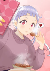 Rule 34 | 1girl, absurdres, arashi chisato, artist name, artist request, blush, breasts, cellphone, close-up, clothes writing, double bun, female focus, food, hair bun, hair tie, heart, heart (symbol), heart print, highres, holding, holding cellphone, holding food, holding phone, jacket, long hair, long sleeves, looking at viewer, love live!, love live! superstar!!, nail, nail polish, orange nails, parted lips, phone, pink background, plate, purple jacket, red eyes, smile, solo, taking picture, takoyaki, upper body, white hair