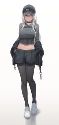 Rule 34 | 1girl, absurdres, baseball cap, black choker, black hat, black jacket, black pantyhose, black shirt, black shorts, blue eyes, breasts, choker, closed mouth, crop top, expressionless, free style (yohan1754), full body, hair between eyes, hat, highres, jacket, large breasts, long hair, long sleeves, looking at viewer, midriff, navel, original, pantyhose, shirt, shoes, short shorts, shorts, silver hair, simple background, sneakers, solo, standing, stomach, strap, white background, white footwear