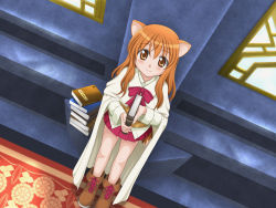 Rule 34 | 10s, 1girl, animal ears, book, boots, bow, brown eyes, brown hair, cape, dog days, dog ears, dog girl, female focus, from above, indoors, kahis (sweetbriar), long hair, looking up, ricotta elmar, seven arcs, smile, solo
