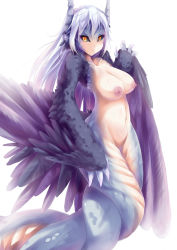 Rule 34 | 1girl, black sclera, breasts, claws, colored sclera, dunceneygak, feathered wings, horns, large breasts, light purple hair, long hair, looking at viewer, monster girl, navel, nipples, nude, orange eyes, original, simple background, solo, white background, wings