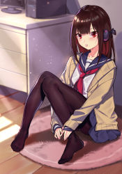 Rule 34 | 1girl, black pantyhose, blue skirt, blush, brown hair, cardigan, collarbone, full body, grey shirt, headphones, highres, indoors, long hair, looking at viewer, miniskirt, mole, mole under mouth, moyume, nail polish, neckerchief, open cardigan, open clothes, original, pantyhose, parted lips, pink nails, pleated skirt, red eyes, red neckerchief, school uniform, serafuku, shirt, sitting, skirt, solo, sweater, wooden floor, yellow sweater