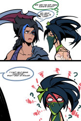 Rule 34 | 1boy, 1girl, 2koma, ?, akali, akali (redesign), arm tattoo, back tattoo, black sclera, blush, braid, chibi, colored sclera, comic, commentary, covered mouth, embarrassed, english commentary, english text, full-face blush, heterochromia, highres, kayn (league of legends), league of legends, mask, mind reading, mouth mask, ninja, pauldrons, phantom ix row, red eyes, redesign, rhaast, scythe, shoulder armor, shoulder tattoo, single braid, single pauldron, speech bubble, tattoo, thought bubble, yellow eyes