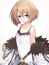Rule 34 | 1girl, bare shoulders, blanc (neptunia), blue eyes, breasts, brown hair, coat, commentary request, covered erect nipples, dress, from side, fur-trimmed coat, fur trim, iwashi dorobou -r-, looking at viewer, medium hair, neptune (series), no bra, off shoulder, parted lips, simple background, small breasts, solo, spaghetti strap, staring, very long sleeves, white coat, white dress