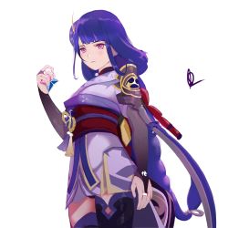 Rule 34 | 1girl, absurdres, armor, braid, breasts, bridal gauntlets, closed mouth, commentary, english commentary, flower, genshin impact, hair ornament, highres, japanese clothes, large breasts, long hair, looking at viewer, primogem, purple eyes, purple flower, purple hair, raiden shogun, ribbon, sash, shoulder armor, simple background, smurtz, solo, tassel, thighhighs, white background