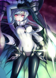 Rule 34 | 10s, 1girl, abyssal ship, arm up, black gloves, bodysuit, breasts, cape, gloves, hat, highres, kantai collection, long hair, md5 mismatch, medium breasts, mizuya nao, open mouth, pale skin, red eyes, silver hair, solo, very long hair, wo-class aircraft carrier