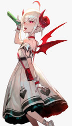 Rule 34 | 1girl, bag, choker, commentary request, curled horns, dress, fangs, from side, gloves, grey background, hand up, highres, holding, horns, index finger raised, lack, looking at viewer, makaino ririmu, nijisanji, official art, open mouth, pointy ears, red choker, red eyes, shoes, shoulder bag, simple background, slit pupils, solo, standing, tongue, tongue out, virtual youtuber, white dress, white footwear, white gloves, wings