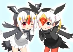Rule 34 | 10s, 2girls, ;p, atlantic puffin (kemono friends), bird tail, black gloves, black hair, black jacket, black scarf, black shirt, black skirt, black wings, blonde hair, blush, commentary request, feathered wings, frilled skirt, frills, gloves, grey eyes, grey wings, hair between eyes, hand up, head wings, index finger raised, jacket, kemono friends, leaning forward, long sleeves, multicolored hair, multiple girls, one eye closed, open clothes, open jacket, pantyhose, red eyes, red hair, red legwear, scarf, shin01571, shirt, sidelocks, skirt, smile, standing, sweater vest, tail, tongue, tongue out, tufted puffin (kemono friends), two-tone hair, white gloves, white hair, white shirt, white skirt, wings