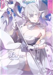 Rule 34 | 1girl, breasts, cleavage, demon wings, detached collar, duel monster, earrings, female focus, grey eyes, grey hair, heart, highres, holding, holding weapon, jewelry, large breasts, leotard, looking at viewer, lovely labrynth of the silver castle, low wings, pointy ears, sakuragi raia, slit pupils, tagme, transparent wings, weapon, white leotard, wings, yu-gi-oh!