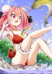 Rule 34 | 1girl, absurdres, alternate costume, armpits, bandaged arm, bandages, bikini, blush, breasts, bridal garter, bun cover, cleavage, commentary request, commission, day, double bun, fish, futa (nabezoko), hair bun, highres, ibaraki kasen, open mouth, outdoors, pink eyes, pink hair, red bikini, sitting, skeb commission, solo, sweatdrop, swimsuit, touhou, tree, water