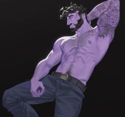 Rule 34 | 1boy, abs, absurdres, arm hair, arm tattoo, armpit hair, armpits, bara, beard, belt, black background, black hair, chest hair, colored skin, commission, facial hair, full beard, groin, hand on own neck, highres, looking to the side, male focus, messy hair, mole, mr kasuy, muscular, muscular male, mustache, navel hair, nipples, original, pants, pectorals, pointy ears, presenting armpit, profile, purple skin, scar, scar on face, signature, solo, tattoo, topless male, wrinkled fabric