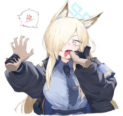 Rule 34 | 1girl, absurdres, animal ear fluff, animal ears, blonde hair, blue archive, blue eyes, breasts, eyelashes, finger in another&#039;s mouth, hair over one eye, halo, highres, kanna (blue archive), large breasts, lechiennoir, long hair, necktie, police, police uniform, policewoman, sharp teeth, simple background, teeth, uniform, white background