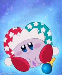 Rule 34 | 1girl, alternate skin color, artist name, blue background, blue eyes, blush, censored, come hither, copy ability, female focus, green hat, half-closed eyes, hat, heart, heart-shaped pupils, heart censor, jester cap, jitome, kirby, kirby (series), looking at viewer, naughty face, nintendo, no humans, patterned clothing, pervoborb, pointless censoring, pom pom (clothes), presenting, pussy, red hat, smile, smirk, solo, sparkle, spread legs, spread pussy, star (symbol), symbol-shaped pupils, wand