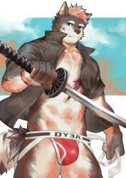 Rule 34 | 1boy, abs, animal ears, bandaged tail, bara, black shirt, blue sky, bright pupils, bulge, cowboy shot, facial hair, fang, fang out, furry, furry male, goatee, gradient hair, highres, holding, holding sword, holding weapon, jockstrap, katana, large hands, large pectorals, laserbiubiu, looking at viewer, male focus, male underwear, multicolored hair, muscular, muscular male, navel, nipples, no pants, open clothes, open shirt, original, pectoral cleavage, pectorals, pink hair, red male underwear, scar, scar on chest, shirt, short hair, sky, solo, stomach, sword, tail, thick eyebrows, thick thighs, thighs, underwear, weapon, wolf ears, wolf tail
