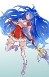 Rule 34 | 1girl, absurdres, armor, blue eyes, blue hair, boots, breastplate, caeda (fire emblem), fingerless gloves, fire emblem, fire emblem: mystery of the emblem, fire emblem heroes, full body, gloves, hair ornament, highres, holding, holding polearm, holding weapon, howaito gyuunyuu, long hair, nintendo, official alternate costume, polearm, polearm behind back, red gloves, red shirt, shirt, skirt, solo, thigh boots, weapon, white skirt
