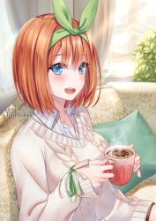 Rule 34 | 1girl, :d, artist name, blue eyes, blush, breasts, coffee, coffee mug, collared shirt, commentary request, couch, cup, from side, go-toubun no hanayome, green hairband, green ribbon, hair between eyes, hair ribbon, hairband, hakuda tofu, highres, holding, holding cup, indoors, long sleeves, looking at viewer, medium breasts, mug, nakano yotsuba, open mouth, orange hair, ribbon, shirt, sitting, smile, solo, striped clothes, striped shirt, sweater, teeth, upper body, upper teeth only, white shirt