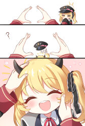 Rule 34 | 2girls, 3koma, ?, absurdres, black headwear, black horns, black ribbon, blonde hair, blue archive, blush, bow, comic, covering own mouth, demon horns, facing viewer, hair ribbon, halo, hanen (borry), hat, hat bow, hat ornament, heart, heart hat ornament, highres, horns, ibuki (blue archive), iroha (blue archive), jacket, long sleeves, looking at viewer, military jacket, multiple girls, neck ribbon, open mouth, out of frame, peaked cap, pink bow, pov, red ribbon, ribbon, side ponytail, simple background, sleeves past fingers, sleeves past wrists, smile, snoot challenge, solo focus, upper body