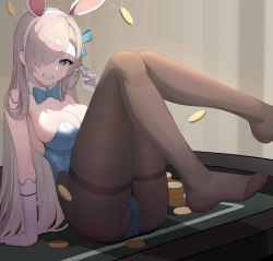 Rule 34 | 1girl, absurdres, animal ears, asuna (blue archive), asuna (bunny) (blue archive), black pantyhose, blonde hair, blue archive, blue bow, blue eyes, blue leotard, bow, bowtie, breasts, cleavage, elysion (16869144), fake animal ears, feet, hair over one eye, highres, large breasts, leotard, looking at viewer, pantyhose, playboy bunny, poker table, smile, solo, table, traditional bowtie