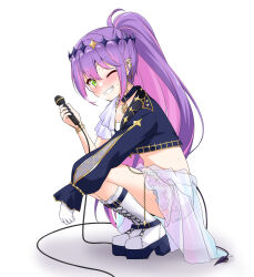 Rule 34 | 1girl, absurdres, asymmetrical sleeves, chain, chain earrings, commentary, felutiahime, full body, green eyes, highres, holding, holding microphone, hololive, long hair, looking at viewer, microphone, midriff, multicolored hair, official alternate costume, one eye closed, ponytail, purple hair, simple background, smile, solo, squatting, streaked hair, tokoyami towa, tokoyami towa (break your xxx), uneven sleeves, virtual youtuber, waist cape, white background
