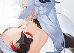 Rule 34 | 1girl, absurdres, bare back, bare shoulders, braid, breasts, cleavage, detached sleeves, earrings, from behind, genshin impact, grey eyes, hair ornament, hair stick, highres, jewelry, jinjide shaonian, large breasts, long hair, long sleeves, nipples, shenhe (genshin impact), simple background, solo, torn clothes, upper body, white background