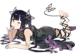 Rule 34 | 1girl, bare shoulders, barefoot, black coat, black hair, bow, breasts, candy, cleavage, coat, cyrillic, demon girl, demon horns, demon tail, feet out of frame, food, food in mouth, hanarito, horns, jacket, kojo anna, kojo anna (1st costume), leg ribbon, lollipop, looking at viewer, lying, medium breasts, nanashi inc., on stomach, one eye closed, pointy ears, purple bow, purple hair, ribbon, russian text, see-through, see-through cleavage, shirt, simple background, sleeveless, sleeveless shirt, solo, sugar lyric, tail, unworn jacket, virtual youtuber, white background, yellow eyes