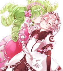 Rule 34 | 2girls, ao (ao0 0nemu), bad id, bad pixiv id, black gloves, bow, breasts, carrying, carrying person, closed eyes, closed mouth, colored eyelashes, curly sidelocks, dress, elbow gloves, expressionless, facing another, falulu, gloves, green hair, grey hair, hair between eyes, hand on another&#039;s head, headphones, highres, idol clothes, leaning back, long hair, multiple girls, pink bow, pink dress, power symbol, pretty series, pripara, puffy short sleeves, puffy sleeves, shikyoin hibiki, short hair, short sleeves, sidelocks, simple background, small breasts, standing, tiara, twintails, unconscious, white background, white bow, white dress, white gloves, winding key